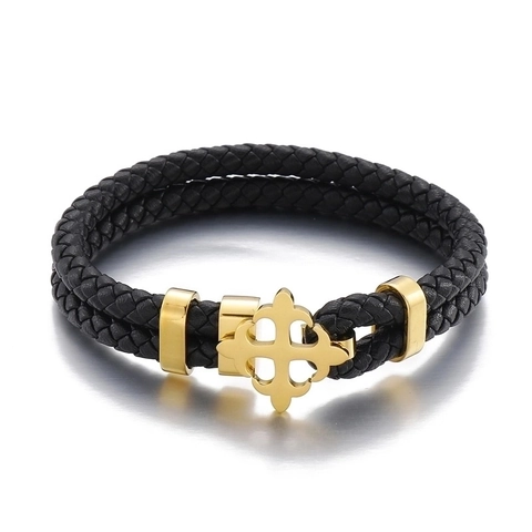 Men Bracelet Layered Woven Genuine Cowhide Leather With Stainless Steel Cross Clasp Retro Punk Fashion Bangle