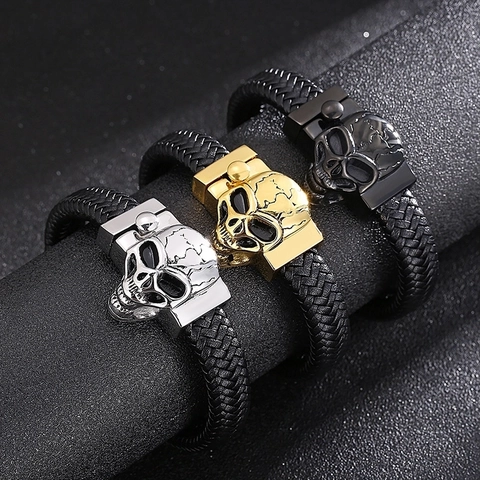 Men Skull Braided Leather Bracelet Stainless Steel Magnetic Clasp Punk Rock Biker Jewelry Wristband