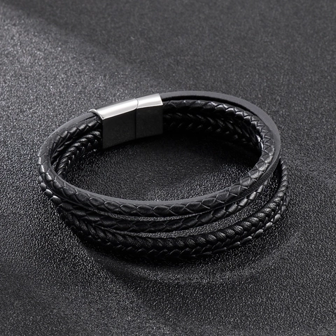 Bracciale Da Uomo Multistrato In Pelle Intrecciata Con Chiusura Magnetica In Acciaio Inossidabile Stile Punk Di Moda