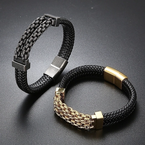 Bracciale Da Uomo In Vera Pelle Intrecciata Con Catena In Acciaio Inossidabile E Chiusura Magnetica Stile Punk
