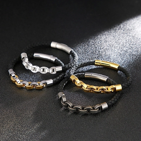 Men Bracelet Braided Cowhide Leather Stitched Stainless Steel Chain Magnetic Clasp Trendy Punk Jewelry Gift For Father
