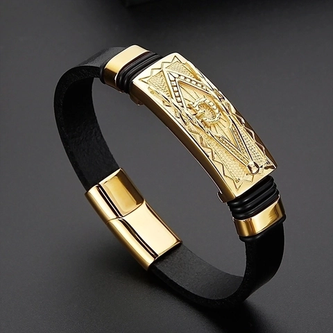 Bracelet Maçonnique Pour Homme Cuir Acier Inoxydable Plaqué Or Symbole Franc Maçonnerie Bijoux Punk Hip Hop Bangle