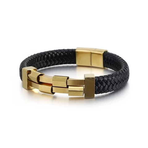 Pulsera De Cuero Trenzado Para Hombre Con Cierre Magnético De Acero Inoxidable Geométrico Multicapa Estilo Rock Punk