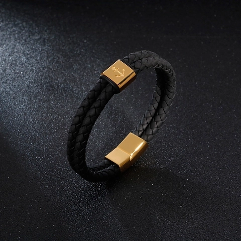 Bracciale Da Uomo In Pelle Intrecciata A Doppio Strato Con Ancora In Acciaio Inossidabile Chiusura Magnetica Stile Nautico