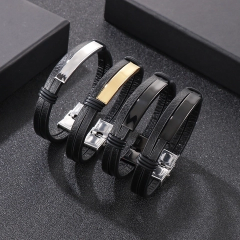 Men Double Layer Leather Bracelet With Stainless Steel Curved Plate Minimalist Casual Jewelry Accessory