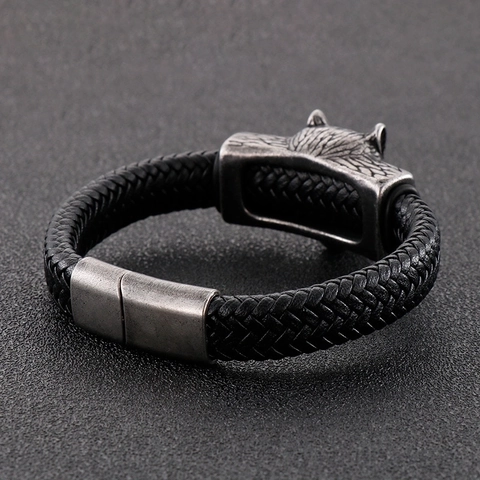 Wolf Head Bracelet Men Stainless Steel Braided Leather Bangle Punk Viking Animal Jewelry With Magnetic Clasp