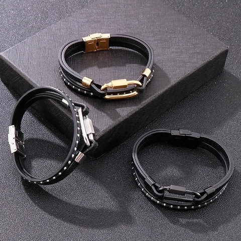 Men Multi Layer Leather Bracelet With Stainless Steel Clasp Punk Industrial Fashion Wristband Cowhide Jewelry