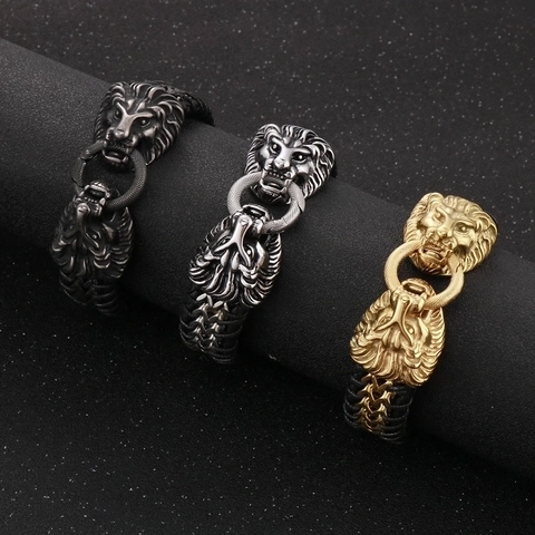 Lion Head Bracelet Men Braided Genuine Leather Stainless Steel Punk Hip Hop Street Vintage Masculine Jewelry