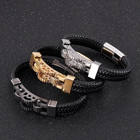 Pulsera Hombre Cuero Trenzado Engranaje Mecánico Acero Inoxidable Joyería Biker Estilo Punk Cierre Magnético Industrial