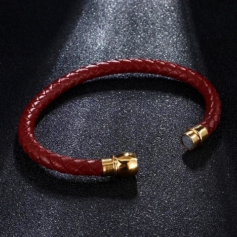 Men Braided Leather Bracelet With Gold Plated Stainless Steel Magnetic Buckle Minimalist Fashion Wristband Jewelry
