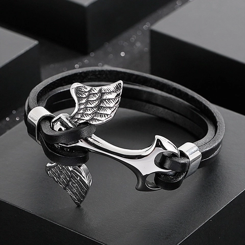 Heren Multi Layer Leren Armband Roestvrij Staal Anker Kompas Vleugel Nautisch Viking Punk Sieraden