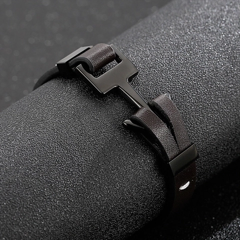 Herren Anker Armband Echtes Leder Geflochten Edelstahl Schwarz Beschichtet Nautischer Punk Schmuck
