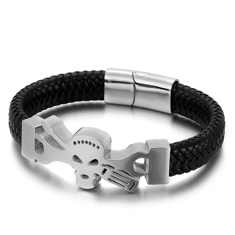 Herren Armband Geflochtenes Rindsleder Edelstahl Totenkopf Punk Rock Biker Magnetverschluss Gothic