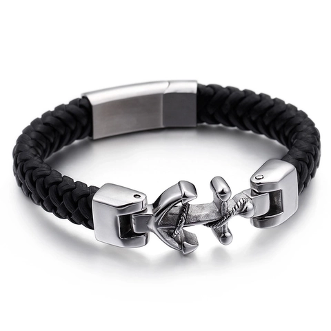 Herren Geflochtenes Lederarmband Mit 316L Edelstahl Ankerverschluss Nautischer Seemann Punk Schmuck