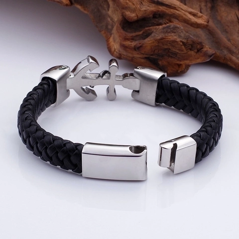 Herren Geflochtenes Lederarmband Mit 316L Edelstahl Ankerverschluss Nautischer Seemann Punk Schmuck