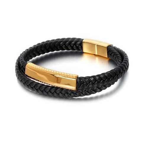 Men Double Layer Woven Leather Bracelet Stainless Steel Geometric Magnetic Clasp Modern Business Casual Style