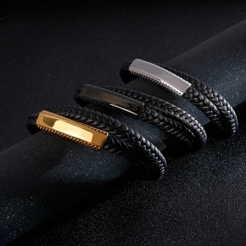 Men Double Layer Woven Leather Bracelet Stainless Steel Geometric Magnetic Clasp Modern Business Casual Style