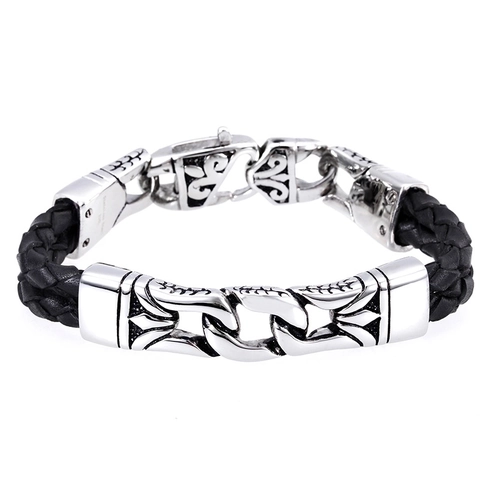 Bracciale In Pelle Intrecciata Da Uomo Acciaio Inossidabile Totem Intagliato Punk Gotico Gioielli