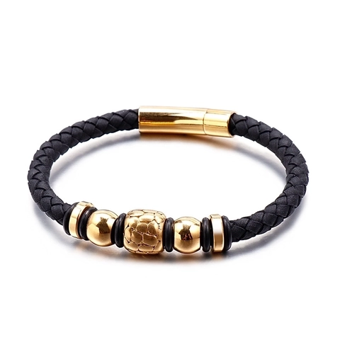 Geflochtenes Lederarmband Für Herren Mit Edelstahlperlen Und Magnetverschluss Trendiger Maskuliner Punk-Stil Schmuck