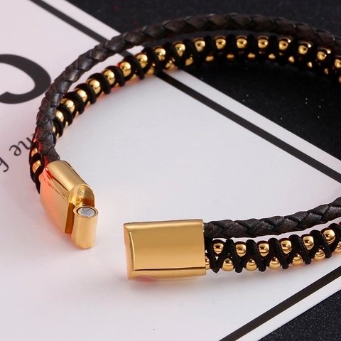 Double Layer Men Bracelet Braided Leather Cord Stainless Steel Beads Magnetic Clasp Minimalist Retro Fashion Bangle