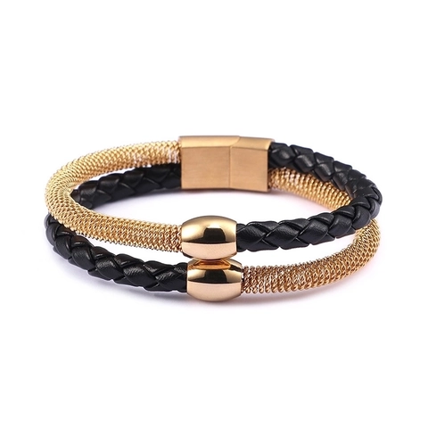 Men Double Layer Bracelet Stainless Steel Mesh Chain And Braided Leather Cord With Magnetic Clasp Trendy Jewelry