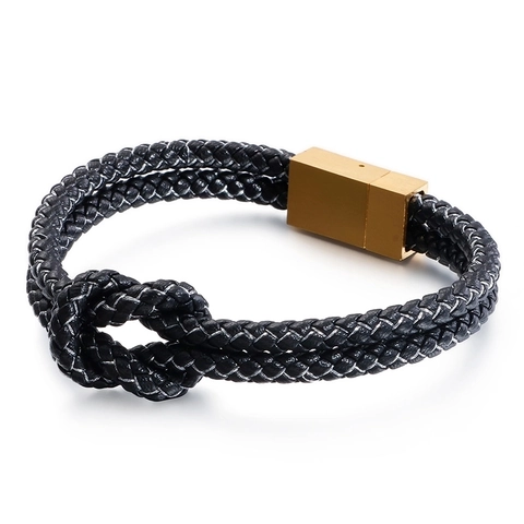 Men Bracelet Woven Leather Stainless Steel Double Layer Knot Design Magnetic Clasp Casual Fashion Jewelry