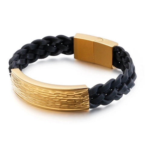 Pulsera De Cuero Trenzado Para Hombre Con Placa De Acero Inoxidable 316L Martillado Cierre Magnético Joyería