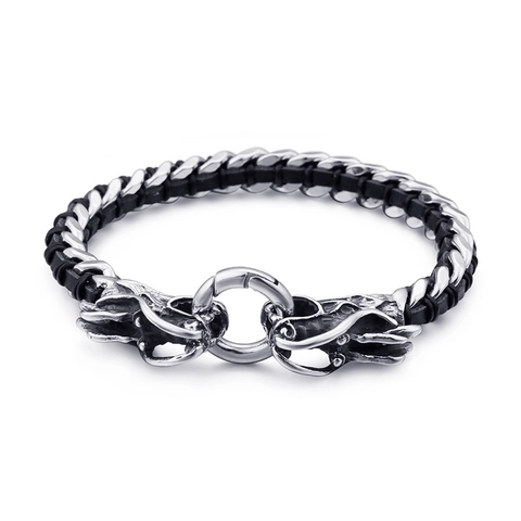 Bracciale Drago Vintage Da Uomo In Acciaio Inossidabile Testa Di Drago Pelle Intrecciata Nera Gioielli Punk Biker