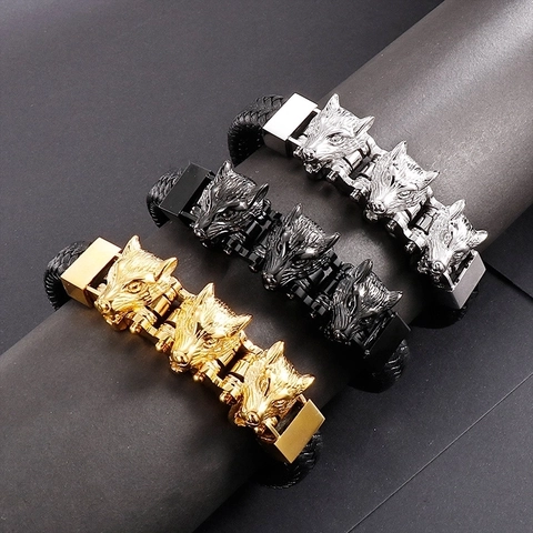 Men Wolf Head Braided Leather Bracelet Stainless Steel Biker Punk Gothic Wristband Magnetic Clasp Personalized Jewelry