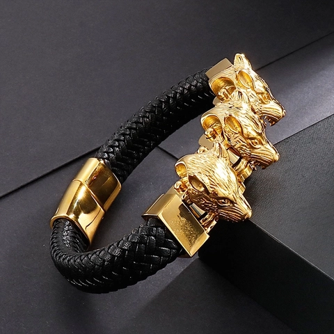 Men Wolf Head Braided Leather Bracelet Stainless Steel Biker Punk Gothic Wristband Magnetic Clasp Personalized Jewelry