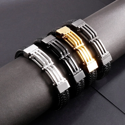 Herren Geflochtenes Lederarmband Mit Edelstahl Magnetverschluss Industrial Punk Mechanischer Stil Geometrischer Schmuck