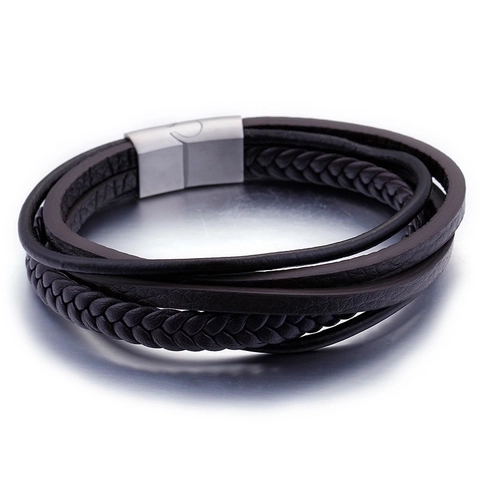 Herren Mehrlagiges Geflochtenes Lederarmband Mit Edelstahl Magnetverschluss Vintage Lässiger Punk Schmuck Für Den Alltag