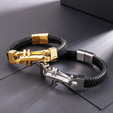 Men Woven Leather Bracelet With Stainless Steel Bullet Head Buckle Punk Industrial Style Hand Jewelry For Boys