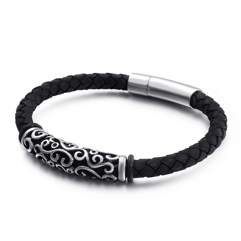 Retro Punk Men Genuine Leather Woven Bracelet With Hollow Pattern 316L Stainless Steel Magnetic Clasp Trendy Jewelry