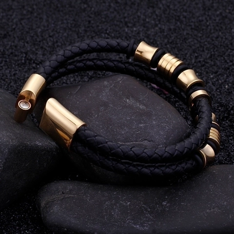 Men Braided Leather Bracelet With Stainless Steel Magnetic Clasp Double Layer Geometric Punk Style Jewelry