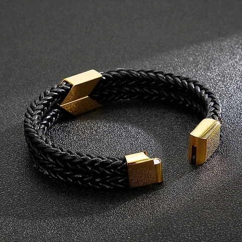 Pulsera Para Hombre De Cuero Trenzado De Doble Capa Con Cierre Magnético De Flecha De Acero Inoxidable
