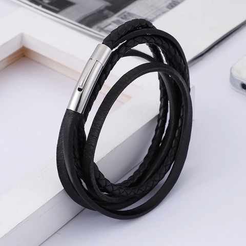Mehrlagiges Geflochtenes Lederarmband Mit Edelstahl Magnetverschluss Punk Stil Für Herren Schmuck