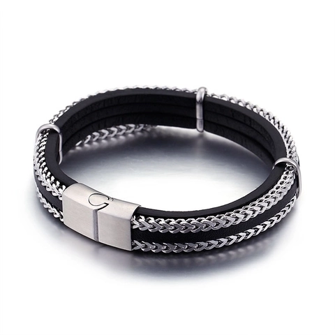 Bracciale Multistrato In Pelle Intrecciata Da Uomo Acciaio Inossidabile Catena Grano Chiusura Magnetica Gioielli Punk