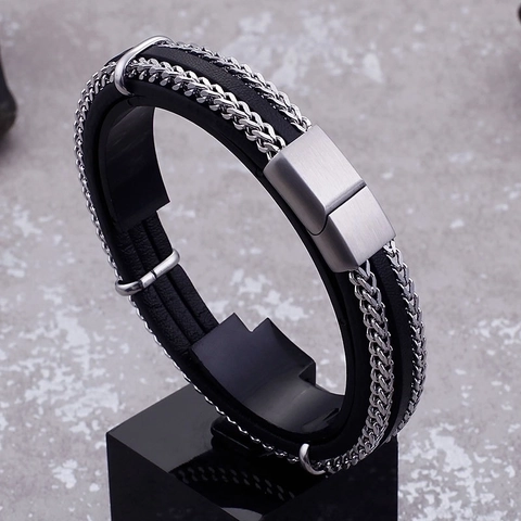 Bracciale Multistrato In Pelle Intrecciata Da Uomo Acciaio Inossidabile Catena Grano Chiusura Magnetica Gioielli Punk
