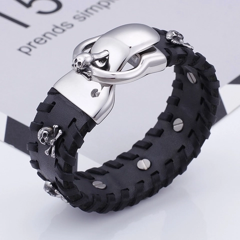 Bracciale Largo Teschio Punk Da Uomo Con Fibbia In Acciaio Inossidabile 316L E Pelle Genuina Intrecciata Stile Biker