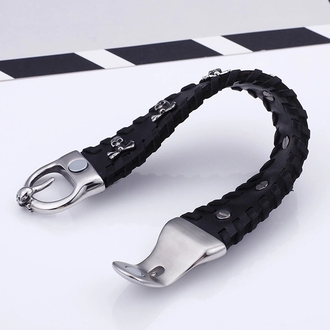 Bracciale Largo Teschio Punk Da Uomo Con Fibbia In Acciaio Inossidabile 316L E Pelle Genuina Intrecciata Stile Biker