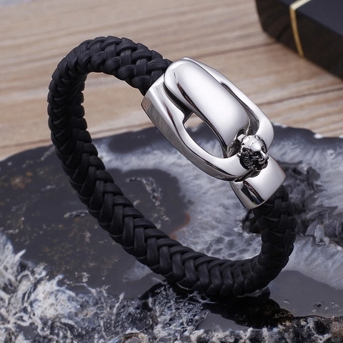 Pulsera De Cuero Trenzado Para Hombre Con Cierre Magnético De Cabeza De León De Acero Inoxidable 316L Punk Vintage
