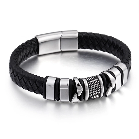 Woven Leather Bracelet For Men With Stainless Steel Magnetic Clasp Punk Style Multilayer Metal Rings Jewelry