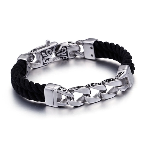 Bracciale Uomo Retro Con Chiusura Incisa Totem In Acciaio Inossidabile 316L E Corda Intrecciata Nera A Doppio Strato