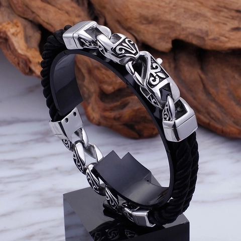Bracciale Uomo Retro Con Chiusura Incisa Totem In Acciaio Inossidabile 316L E Corda Intrecciata Nera A Doppio Strato