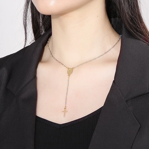 Collana Lunga Rosario A Y Acciaio Inossidabile Perline Di Resina Colorate Ciondolo A Croce Medaglia Vergine Maria Gioielli Religiosi
