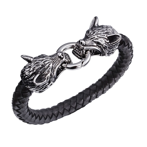 Pulsera Cabeza De Lobo Vikingo Acero Inoxidable Cuero Trenzado Joyería Punk Nórdica Vintage Accesorios Para Hombres
