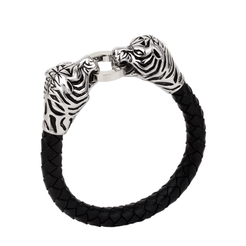 Men Braided Genuine Leather Bracelet With 316L Stainless Steel Dragon Tiger Skull Head Punk Gothic Biker Style