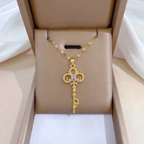 Key Pendant Necklace Stainless Steel Chain Vintage Gold Color Luxurious Copper Micro Inlaid Zircon Jewelry For Women