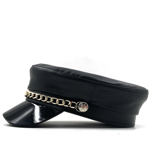 Berretto Newsboy In Pelle PU Da Donna Cappello Militare Ottagonale Alla Moda Con Catena In Metallo Dorato